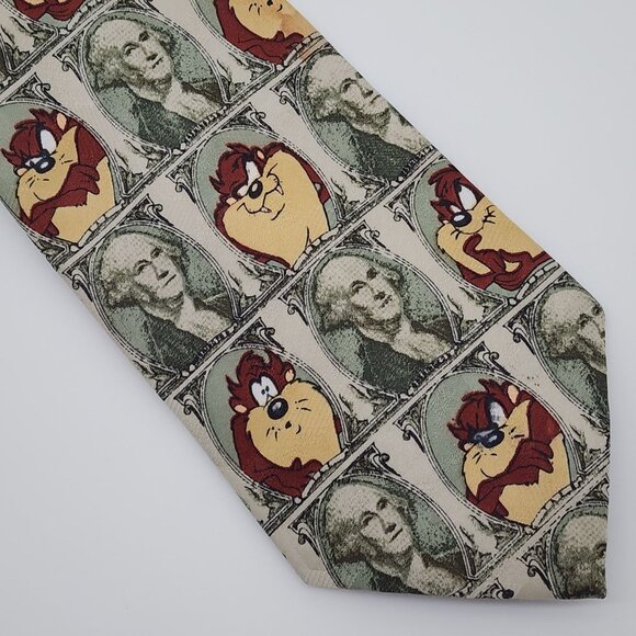 Tasmanian Devil and Money Necktie by Looney Tunes 1997 Green Polyester 57.5" L 3 - Picture 2 of 6